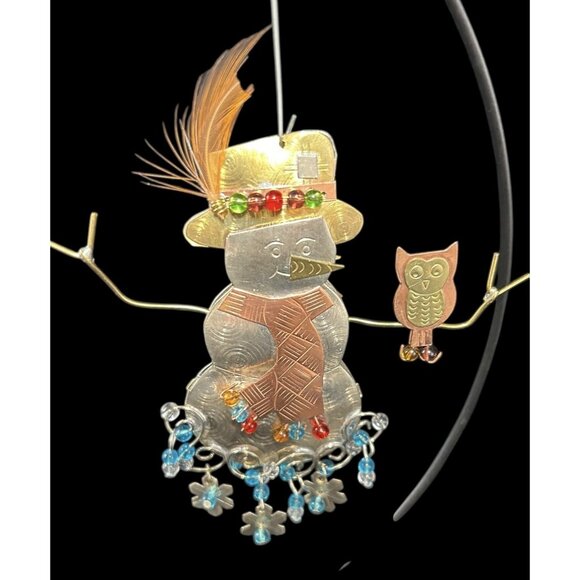 Holiday Metal Art Bronze Nickel & Copper Beaded Wire Snowman Christmas Ornament - Picture 1 of 9